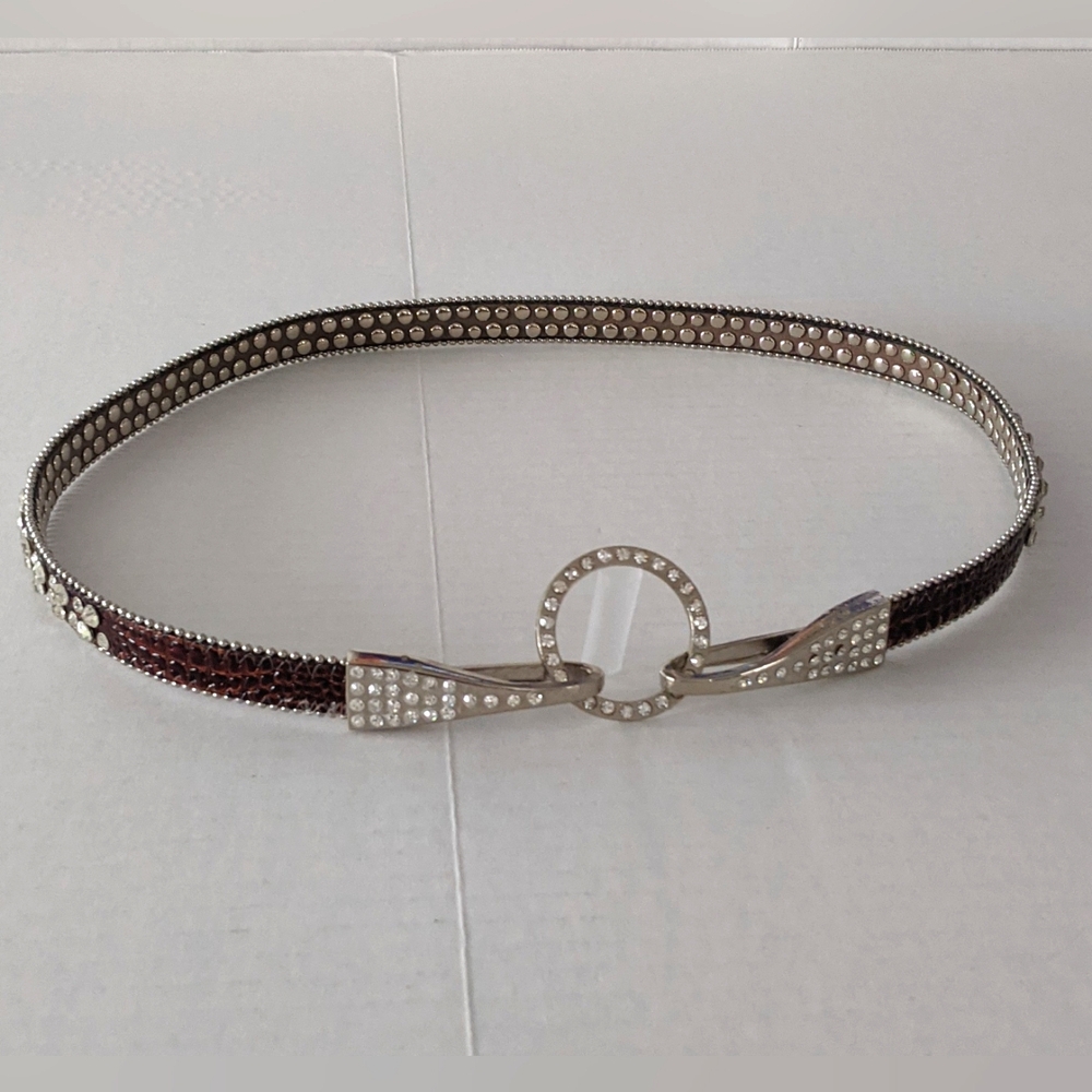 Women's Belt, Made of Faux Croc Leather And Rhinestone Brown 35" inches